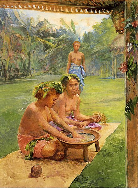 File:John LaFarge - Young Girls Preparing Kava Outside of the Hut Whose Posts Are Decorated wih Flowers.jpg