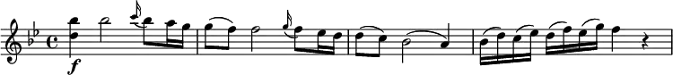 
\relative c''' { \set Score.tempoHideNote = ##t \tempo 4 = 132
  \key bes \major
  \tempo "Allegro moderato"
  <bes d,>4\f bes2 \grace c16( bes8) a16 g | g8( f) f2 \grace g16( f8) es16 d | d8( c) bes2( a4) | bes16(d) c(es) d(f) es(g) f4 r
}
