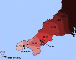 Die verskuiwing van die Korniese taalgrens in die tydperk tussen 1300 en 1750