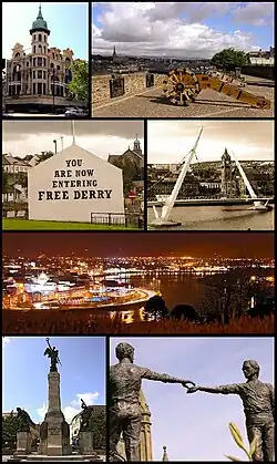 Anti-kloksgewys van bo: Die Austin's-afdelingswinkel, Derry se stadsmuur, Free Derry Corner, Vredesbrug oor die Foylerivier, 'n nagaansig van Derry, Diamond-oorlogsmonument, die skulptuur Hands Across the Divide.