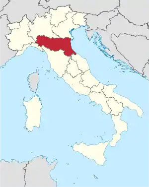 Die ligging van Emilia-Romagna in Italië