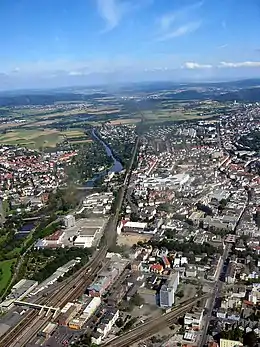 Die middestad van Gießen met die Lahnrivier