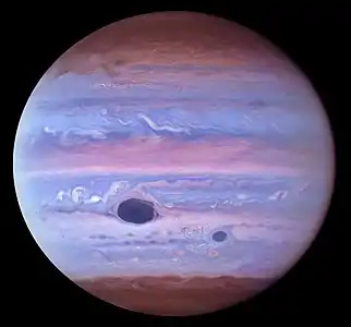 Ultravioletfoto van Jupiter, op 11 Januarie 2017 deur Hubble afgeneem.