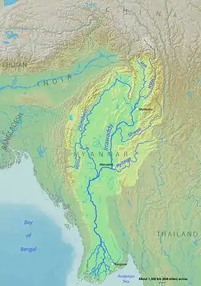 Kaart van die Irrawaddy-bekken in Asië.