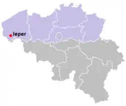 Ligging van Ieper in die provinsie Wes-Vlaandere