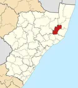 Kaart van Suid-Afrika wat Hlabisa in KwaZulu-Natal aandui