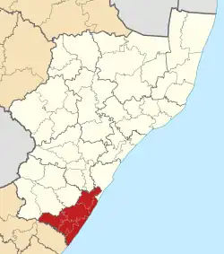 Kaart van Suid-Afrika wat Ugu in KwaZulu-Natal aandui