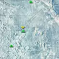 Kaart van Mare Tranquillitatis, met die landingsplekke van Apollo 11, Apollo 17, Apollo 16 en Surveyor 5 aantoon. Na die suidooste, noordooste en noordweste lê Mare Fecun-ditatis, Mare Crisium en Mare Serenitatis onderskeidelik, en suidwaarts lê Mare Nectaris.