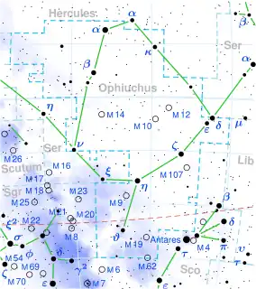 Die ligging van Rho Ophiuchi (in die rooi sirkel).