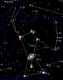 Betelgeuse word met ’n pienk pyl aangedui.