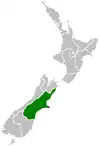 Kaart van Nieu-Seeland wat die ligging van Canterbury Region aandui