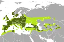 Voormalige (liggroen) en hedendaagse (donkergroen) verspreiding.