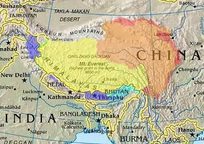 Kultureel / histories, (uitgelig) uitgebeeld met verskillende oorvleuelende territoriale aansprake




 
 
 
 
 
 
 
 "Groot-Tibet" soos deur Tibettaanse ballingskapgroepe opgeëis







 

 Tibettaanse outonome streke, soos deur China beweer





 


 Outonome Gewes Tibet, binne China








 Chinees-beheerde, deur Indië as deel van Aksai Chin geëis








 Indies-beheerde, gedeeltelik deur China as Suid-Tibet geëis








Ander gebiede van die historiese Tibettaanse kultuurgebied