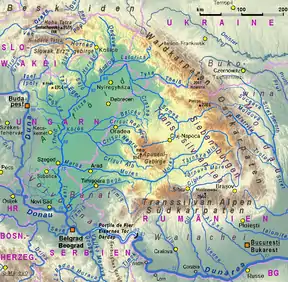 Kaart van die Tisza-bekken in Europa.