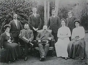 Personeel van die museum in Maart 1909. Staande, links na regs, Thomas Jenkins, Alwin K. Haagner, (superintendent van die Nasionale Dieretuin), Fred O. Noome (taksidermis) en A.S. Kea. Sittend, links na regs, me. M. Collins, C.J.M. Swierstra (Assistentdirekteur), Dr. J.W.B. Gunning (Direkteur), mej. R. Leendertz (Botaniese Assistent) en me. S. Viljoen.