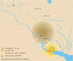 Die streek in ligbruin stem ooreen met die Jemdet Nasr-kultuur. Die streek wat met die Uruk-kultuur ooreenstem, is in geel.