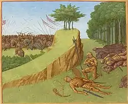 Batalla de Roncesvals (778). Muerte de Roldán, en as Grans Cronicas de Francia, ilustradas por Jean Fouquet, Tours, enta 1455-1460, BNF.