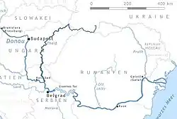 Mapa de localización d'o río Tisza en o curso baixo d'o Danubio