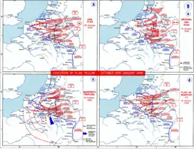 Counter-clockwise from top right: Evolution of plans for (بالألمانية: Fall Gelb)‏ (Case Yellow), the invasion of France and the البلدان المنخفضة