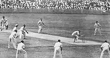 Black and white photo of a cricket pitch