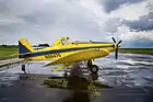 Air Tractor AT-502B on the ramp at Belle Glade Airport, Florida as weather moves in off Lake Okechobee. The single-engine aircraft has a 52-foot wingspan, three wheels. It was first manufactured in 1987.