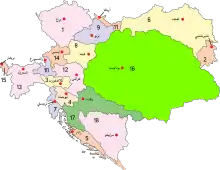 مقاطعات دولة النمسا-المجر: النمسا (سيسليثانيا):1) بوهيميا. 2) بوكوڤينا. 3) كارينثيا. 4) سلوڤينيا. 5) دالماتيا. 6) چاليسيا. 7) إستيريا. 8) النمسا السفلى. 9) موراڤيا. 10) سالزبورغ. 11) سيليسيا. 12) كوستنلاند. 13) التيرول. 14) النمسا العليا. 15) فورارلبرچ؛ المجر (ترانسلثانيا): 16) المجر نفسها. 17) كرواتيا؛ الملكية النمساوية-المجرية: 18) البوسنة والهرسك.