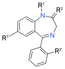 alt=

مخطط التركيب الكيميائي لحلقة البنزين منصهرة إلى حلقة diazepine. يتم إرفاق آخر حلقة البنزين إلى أسفل حلقة diazepine عبر خط واحد. المرفقة بحلقة البنزين الأولى هي سلسلة جانبية مسماة R7. إلى الثانية، وسميت سلسلة جانبية R2 '؛ والمرفقة بالحلقة diazepine، وسميت السلسلتين الجانبيتن R1 و .