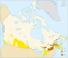 Map of Canada showing distribution of English-speaking, French-speaking and bilingual residents