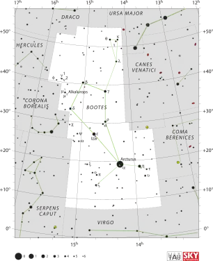 Diagram showing star positions and boundaries of the Boötes constellation and its surroundings