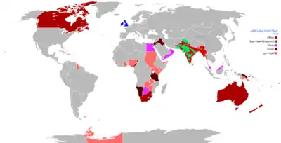 Map of the world. Canada, the eastern United States, countries in east Africa, India, most of Australasia, and some other countries are highlighted in pink.