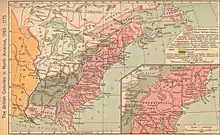 This map shows the British Province of Quebec in the north around the Great Lakes. To the west, across the Mississippi River, is Spanish Louisiana. The former French Illinois Country spans the Mississippi in the center-west. The thirteen American colonies are to the east.