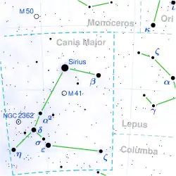 Diagram showing star positions and boundaries of the Canis Major constellation and its surroundings