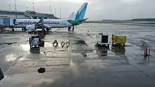 Caribbean Airlines Boeing 737-800 with a ride range of Airport ground support equipment