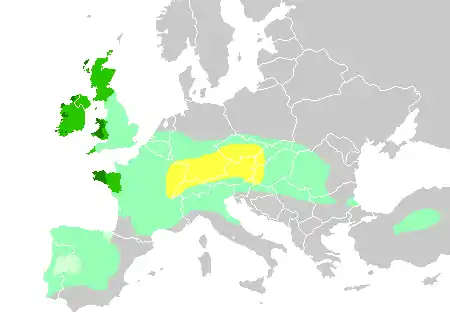 Diachronic distribution of Celtic peoples, showing expansion into the southern Netherlands: 
  core حضارة هالستات territory, by the 6th century BC

  maximal Celtic expansion, by 275 BC

  لوسيتانياn area of Iberia where Celtic presence is uncertain

  the "six Celtic nations" which retained significant numbers of Celtic speakers into the أوائل العصر الحديث

  areas where Celtic languages remain widely spoken today