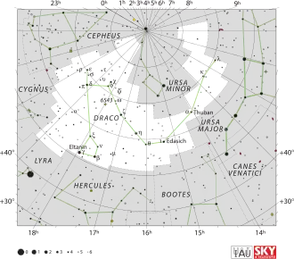 Diagram showing star positions and boundaries of the Draco constellation and its surroundings