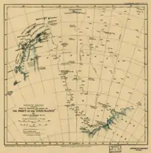 Old chart showing incomplete Antarctia coastline. The chart indicates the line of Endurance's 1915 drift, also the earlier drift of Filchner's Deutschland and the line of James Weddell's 1823 voyage