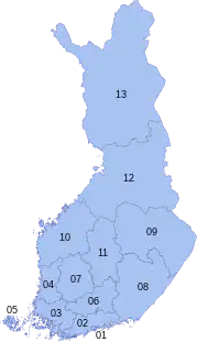 A map of Finalnd, divided into 13 districts