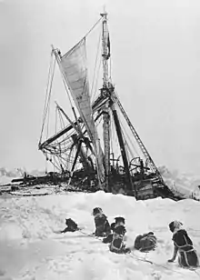 A line of seated dogs looks at a wrecked tangle of masts, rigging and sails