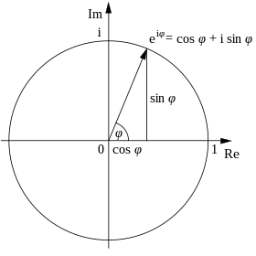 A diagram of a unit circle centered at the origin in the complex plane, including a ray from the center of the circle to its edge, with the triangle legs labeled with sine and cosine functions.