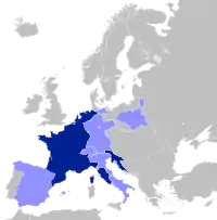 Map of Europe as at 1812, highlighting France and her client states