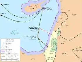 اللون الأخضر يوضح مسار سفن الأسطول والبرتقالي يوضح مسار البحرية الإسرائيلية.