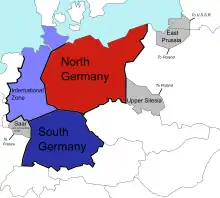 خطة مورغنثاو:   الدولة الألمانية الشمالية
   الدولة الألمانية الجنوبية
   رقابة حدودية
   مناطق خسرتها ألمانيا (سارلاند حتى فرنسا، سيليزيا العليا حتى بولندا، بروسيا الشرقية، قسمت بين بولندا والاتحاد السوفيتي)