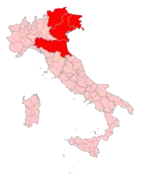 "A picture showing Northeast Italy highlighted in red in a political map of Italy."