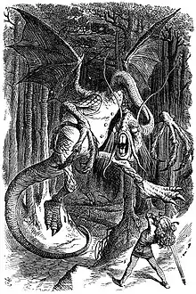 The Jabberwock, as illustrated by John Tenniel for Lewis Carroll's Through the Looking-Glass, including the poem "Jabberwocky".