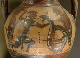 Euboean amphora, c.550 BCE, depicting the fight between Cadmus and a dragon