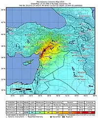 خريطة الحركة الأرضية أثناء الزلزال الأول