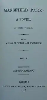 Title page reads "Mansfield Park: A Novel. In three Volumes. By the author of 'Pride and Prejudice'. Vol. I. Second Edition. London: Printed for J. Murray, Albemarle-Street, 1816."