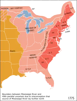 المساحة الحمراء من هذه خريطة أمريكا الشمالية من عام 1775 تظهر الأراضي التي وقعت تحت السيطرة البريطانية المباشرة، بينما تظهر المساحات الزهرية والبيضاء بشكل عام المساحات التي كانت تخضع لسيطرة غير مباشرة.