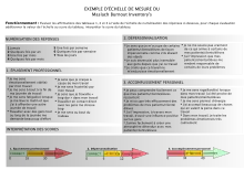 Fonctionnement : évaluer les affirmations des tableaux 1, 2 et 3 à l’aide de l’échelle de nimérisation des réponses ci-après, pour chaque évaluation additionner la valeur de l’échelle au score du tableau, interpréter le score du tableau. Numérisation des réponses : 1 : Jamais; 2 : Quelques fois par an ; 3 : Une fois par mois ; 4 : Quelques fois par mois ; 5 : Une fois par semaine ; 6 : Quelques fois par semaine ; 7 : Tous les jours. Tableau 1 : Épuisement professionnel : Je me sens émotionnellement vidé(e) par mon travail ; Je me sens à bout à la fin de ma journée de travail ; Je me sens fatigué(e) lorsque je me lève le matin et que j’ai à affronter une autre journée de travail ; Travailler avec des gens tout au long de la journée me demande beaucoup d’effort ; Je sens que je craque à cause de mon travail ; Je me sens frustré(e) par mon travail ; Je sens que je travaille « trop dur » dans mon travail ; Travailler en contact direct avec les gens me stresse trop ; Je me sens au bout du rouleau. Tableau 2 : Dépersonnalisation : Je sens que je m’occupe de certains patients/clients/élèves de façon impersonnelle comme s’ils étaient des objets ; Je suis devenu(e) plus insensible aux gens depuis que j’ai ce travail ; Je crains que ce travail ne m’endurcisse émotionnellement ; Je ne me soucie pas vraiment de ce qui arrive à certains de mes patients/clients/élèves ; J’ai l’impression que mes patients/clients/élèves me rendent responsable de certains de leurs problèmes. Tableau 3 : Accomplissement personnel : Je peux comprendre facilement ce que mes patients/clients/élèves ressentent ; Je m’occupe très efficacement des problèmes de mes patients/clients/élèves ; J’ai l’impression, à travers mon travail, d’avoir une influence positive sur les gens ; Je me sens plein(e) d’énergie ; J’arrive facilement à créer une atmosphère détendue avec mes patients/clients/élèves ; Je me sens ragaillardi(e) lorsque dans mon travail j’ai été proche de mes patients/clients/élèves ; J’ai accompli beaucoup de choses qui en valent la peine dans ce travail ; Dans mon travail, je traite les problèmes émotionnels très calmement. Interprétation des scores : Pour le tableau 1 : Épuisement professionnel : Score de 0 à 18 : correct; score de 18 à 30 : attention; score supérieur à 30 : dangereux. Pour le tableau 2 : Dépersonnalisation : Score de 0 à 6 : correct; score de 6 à 12 : attention; score supérieur à 12 : dangereux. Pour le tableau 3 : Accomplissement personnel : Score de 0 à 34 : dangereux; score de 34 à 40 : attention; score supérieur à 40 : correct.