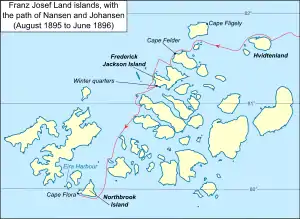 The scattered islands of the Franz Josef archipelago are depicted. A line from top right corner enters the islands and threads its way southwards, representing the journey to Cape Flora. The site of winter quarters on Frederick Jackson Island is indicated.